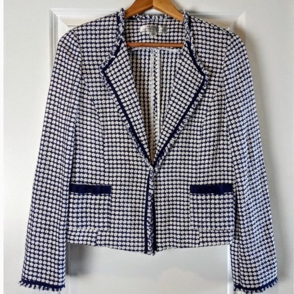 Tahari New With Tags Navy White Cotton Tweed Frayed Edge Jacket 10P - Picture 1 of 4
